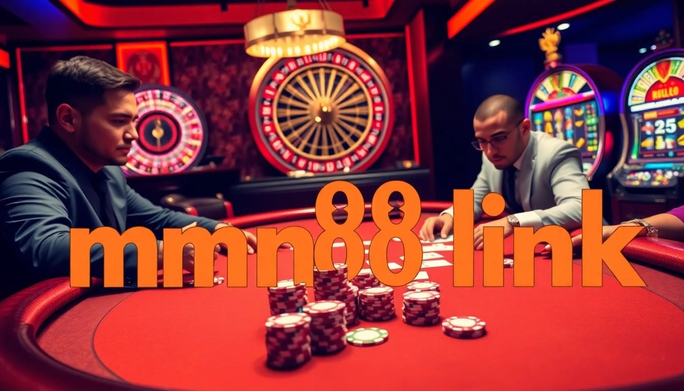 Engaging poker players at a vibrant casino, highlighting mm88 link with luxury elements.