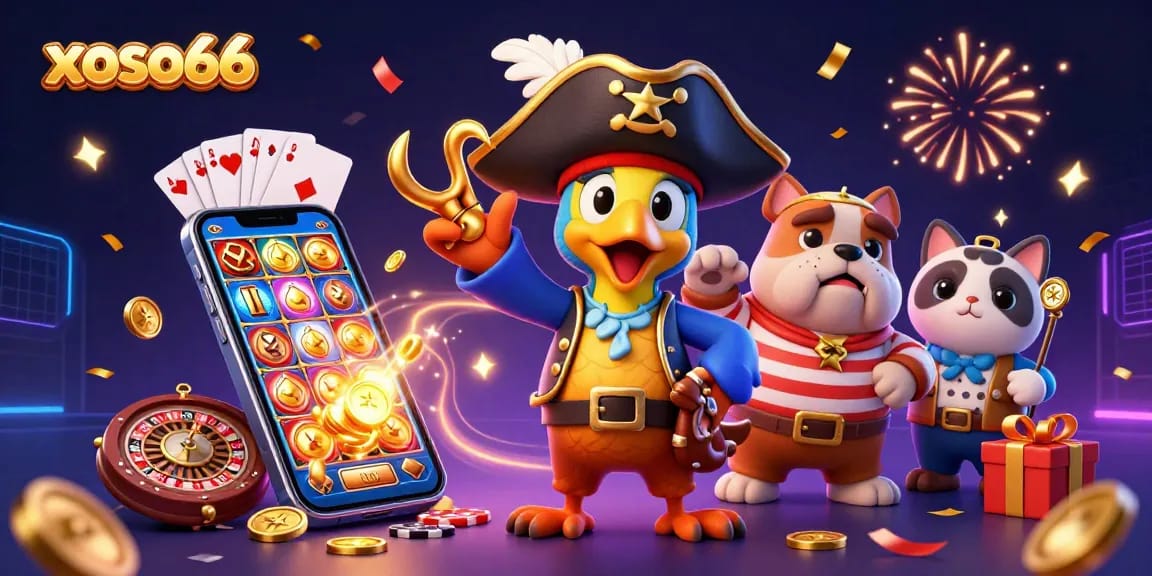 xoso66 slots adventure illustrated with colorful characters, spinning reels, and festive elements