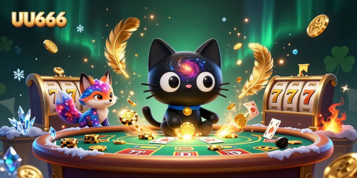 Experience vibrant gambling action at UU666 with unique characters pulling in chips and cards.