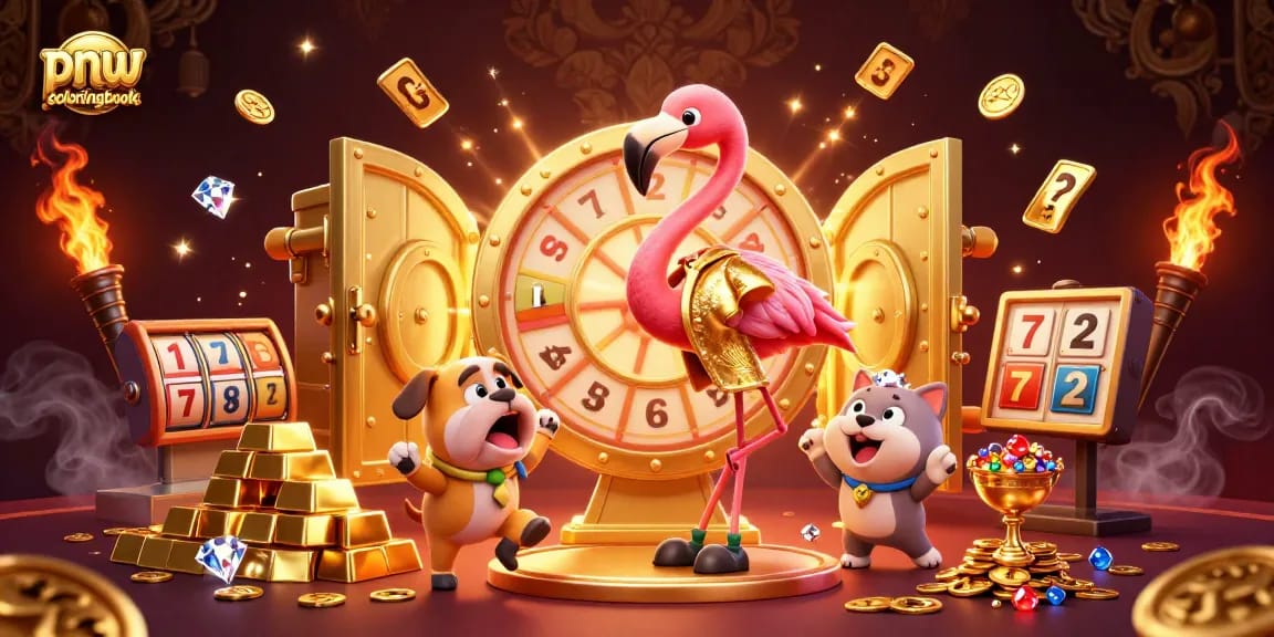 pnwcoloringbook celebrates with a lively game show scene showcasing exciting slot games and dazzling prizes.