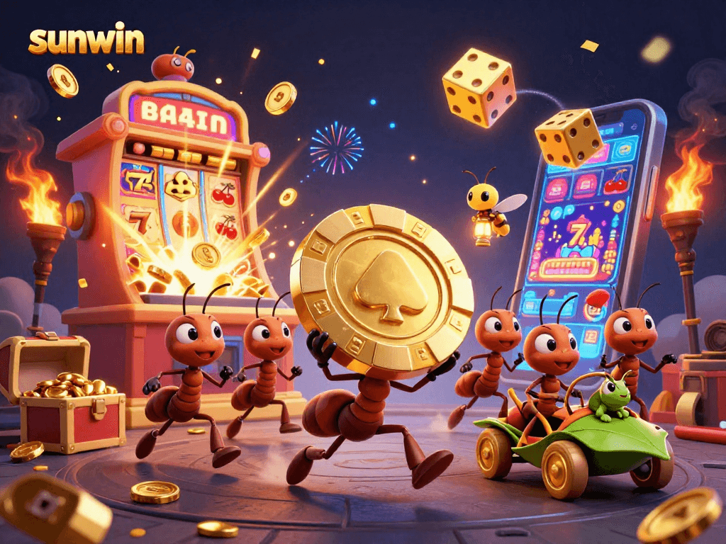 Sunwin's vibrant heist scene with ants and slot machines brings excitement to gambling enthusiasts.