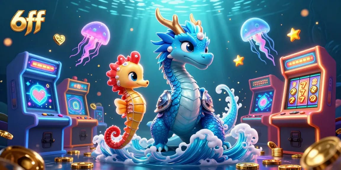 Engage in epic casino adventures with 6ff's vibrant underwater scene featuring an azure dragon and dynamic slot machines.
