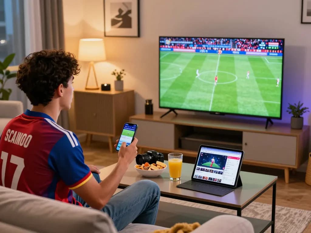 Xoilac soccer fan enjoying a live match streaming from home with multiple devices and snacks