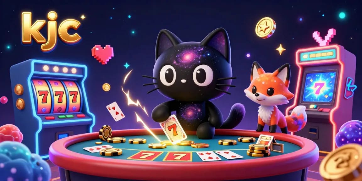 KJC engages players with vibrant slot machines and a cosmic cat dealer in a dynamic casino scene.