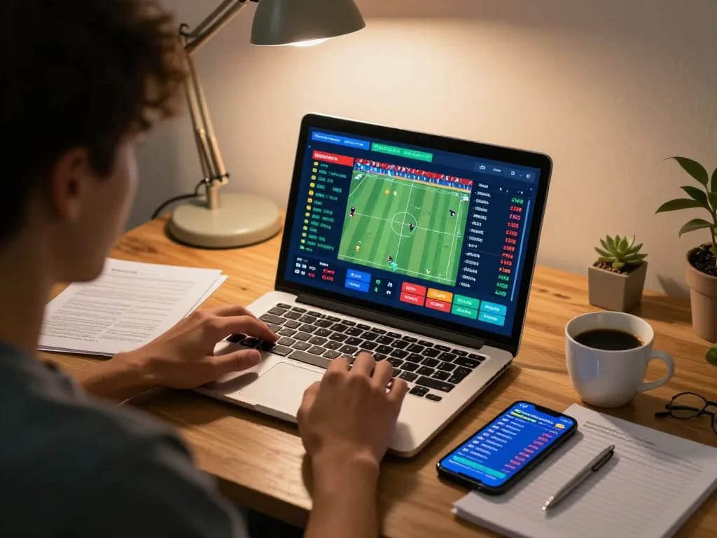Engaged user analyzing betting odds on https://soikeo.com.mx/ laptop for strategic sports betting.