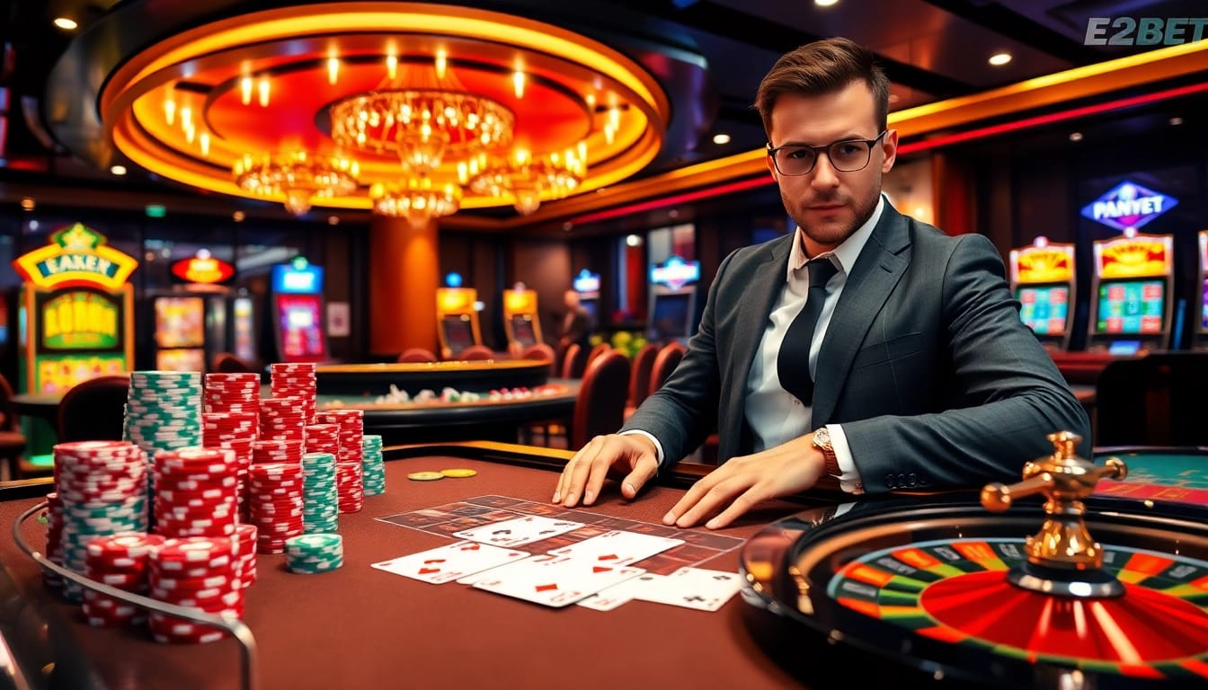 Engaging casino atmosphere featuring Trang chủ E2BET with poker chips, cards, and roulette wheels.