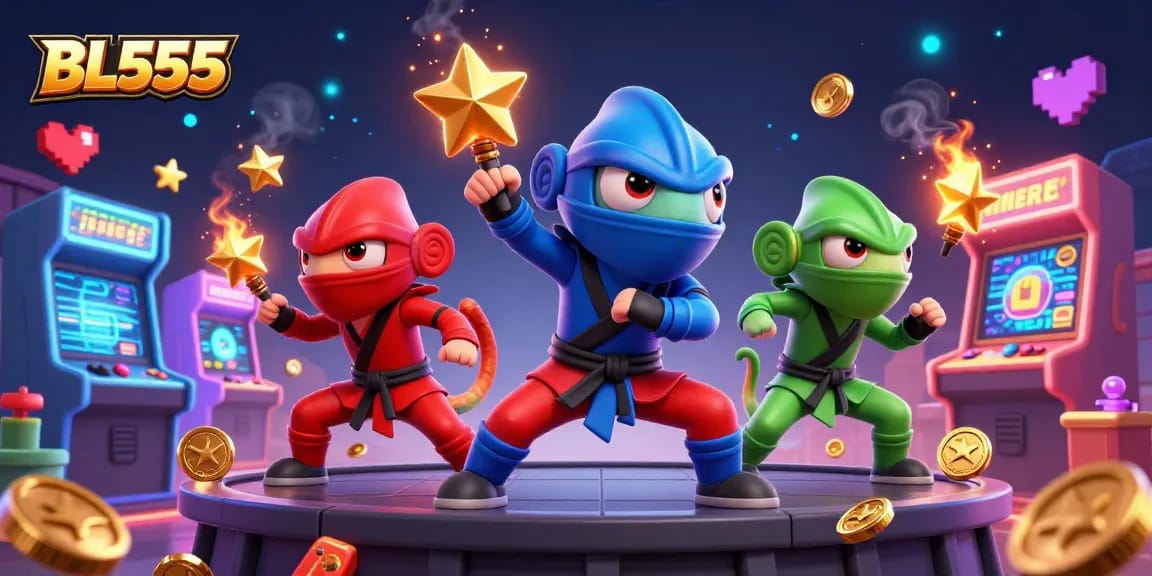 Experience the excitement of BL555 with ninja chameleons in a vibrant casino-themed illustration.