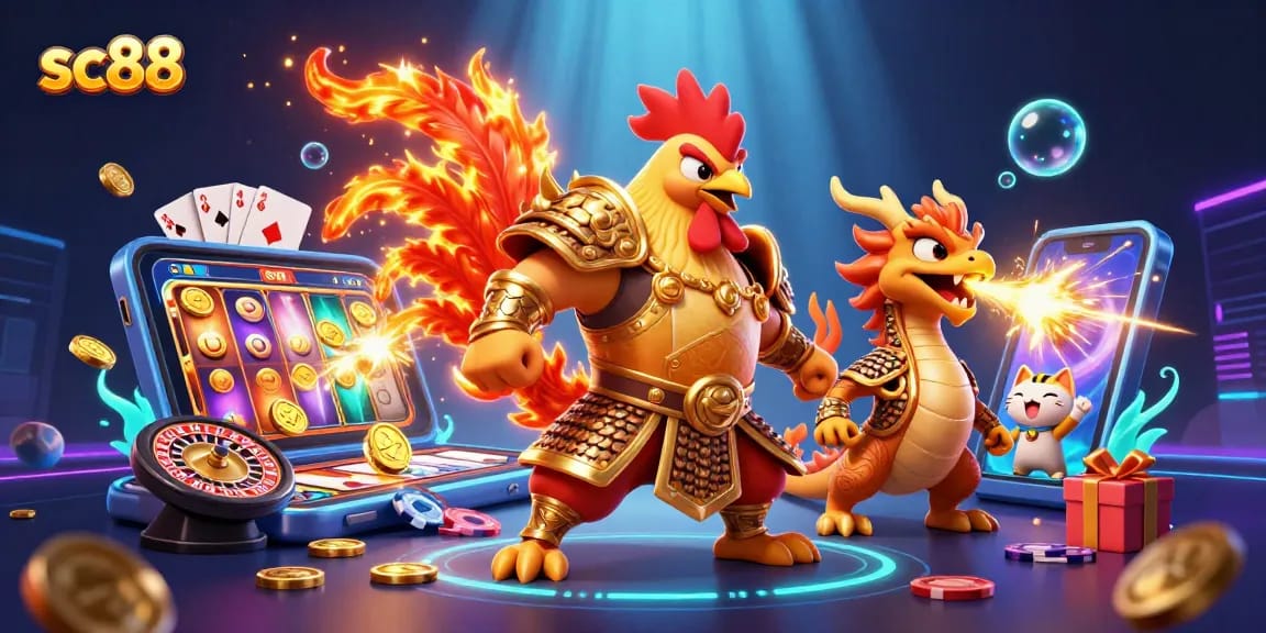 Experience thrilling gameplay with sc88 through a powerful rooster warrior in an action-packed casino scene.