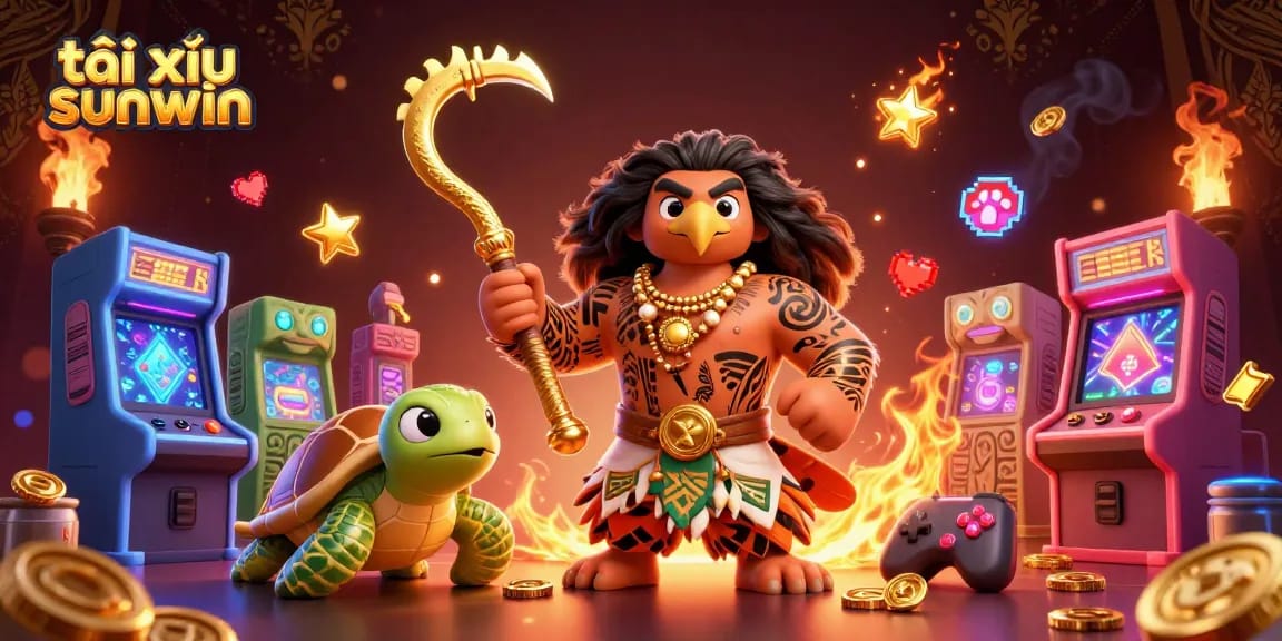Tài xỉu sunwin engaging game scene with 3D Polynesian demigod and interactive gaming elements.