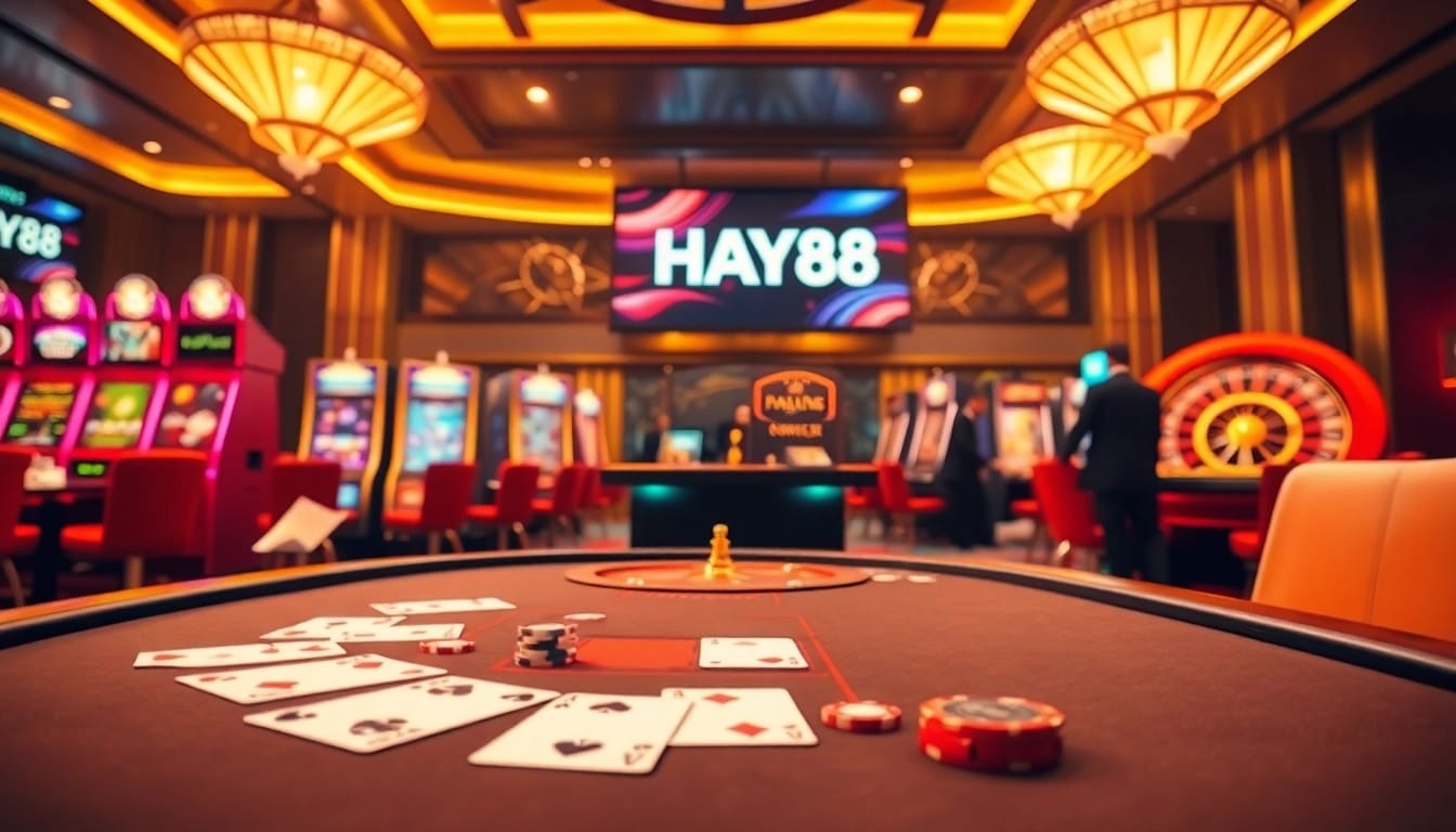 Players enjoying a thrilling game night at HAY88's online casino, showcasing cards and chips.
