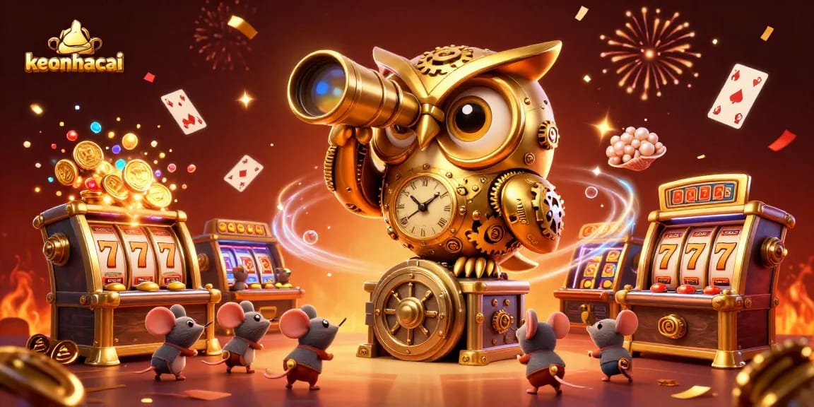 Engage with keonhacai's dynamic gambling scene featuring an owl, slot machines, and treasures.