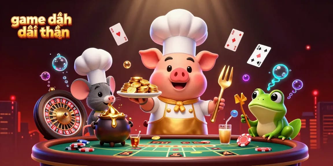 Experience the thrill with game đánh bài đổi thưởng, illustrated by a chef pig serving golden coins in a vibrant casino scene.