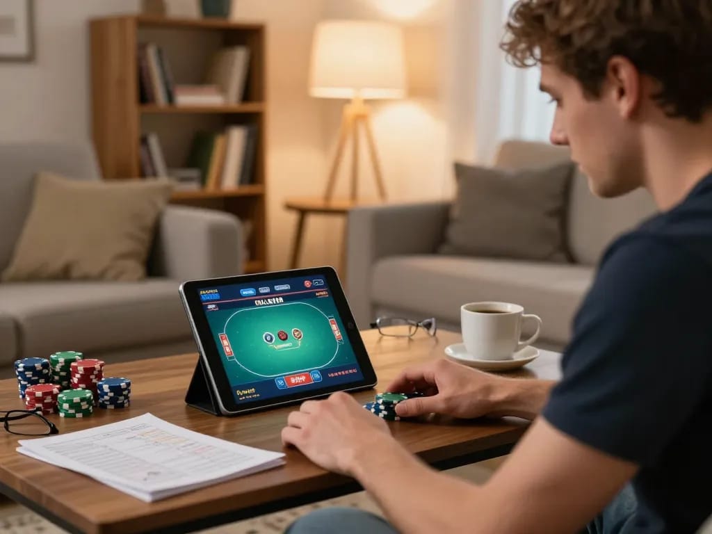 Engaged player strategizing at a fast payout casino Australia online poker game on tablet in cozy home.
