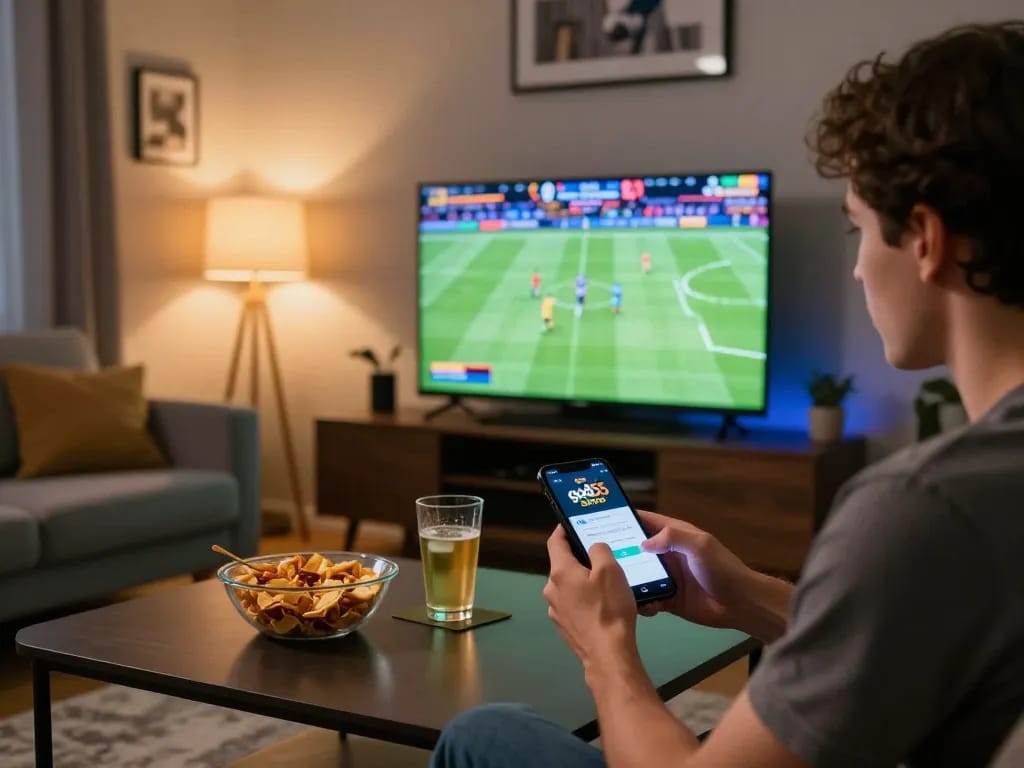Engaged user tracking live scores and placing bets on the god55 sports app in a cozy home.