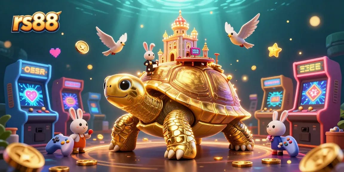 Experience thrilling gameplay at rs88 with a giant golden tortoise casino, featuring a rabbit dealer and vibrant game elements.
