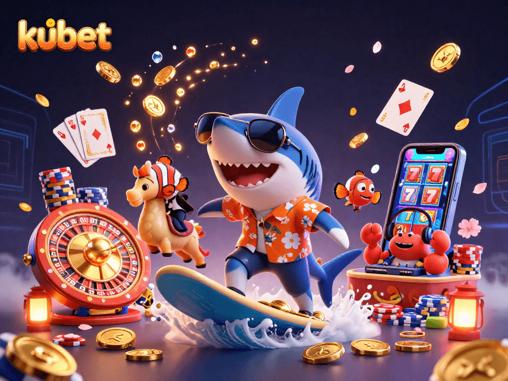 Experience thrilling fun with kubet in this vibrant casino-themed 3D illustration showcasing games and excitement.