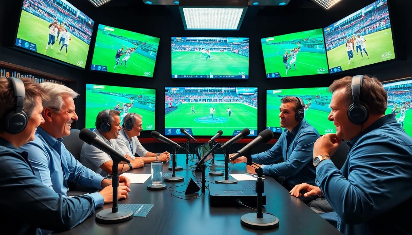 Sports Broadcasting hosts engaging viewers with dynamic discussions in a vibrant studio environment.
