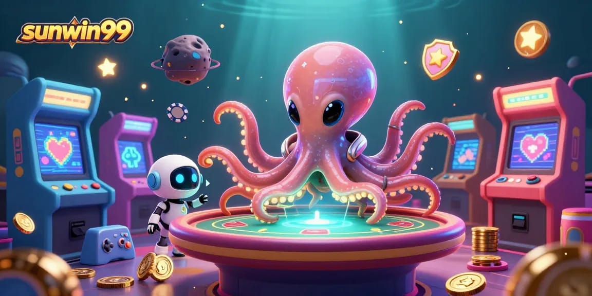 Play poker in style with sunwin99's alien-themed casino illustration packed with vibrant energy.