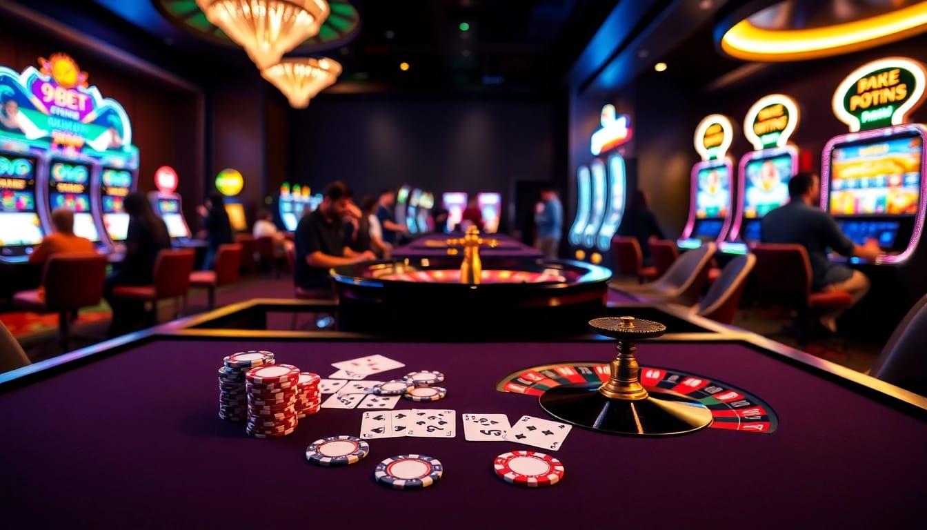 Players enjoy a thrilling game at a 9BET casino table, showcasing vibrant poker chips and cards.