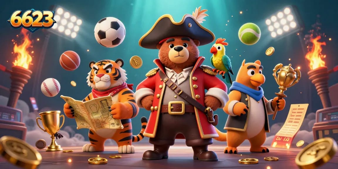 Engage in thrilling betting action at 6623 with colorful sports elements and vibrant characters.
