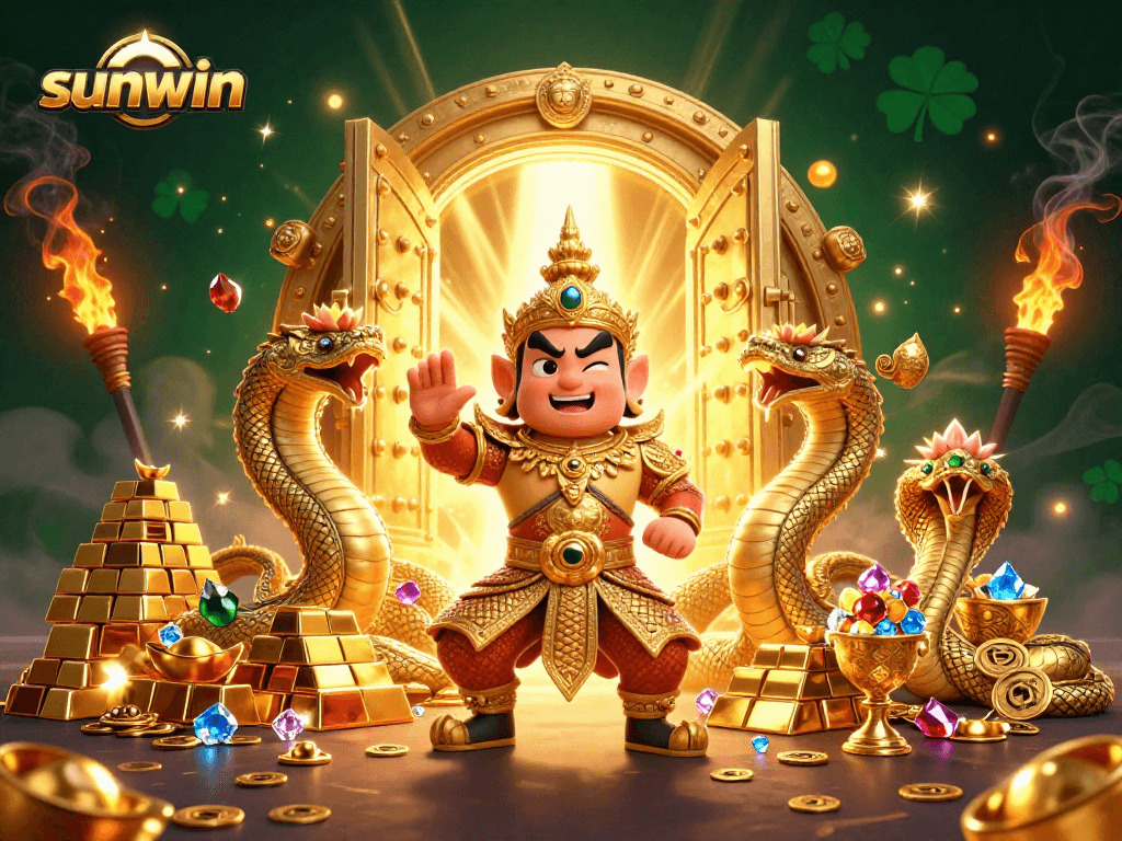 Experience the excitement of sunwin with a captivating scene of golden treasures and guardians in a vibrant casino setting.