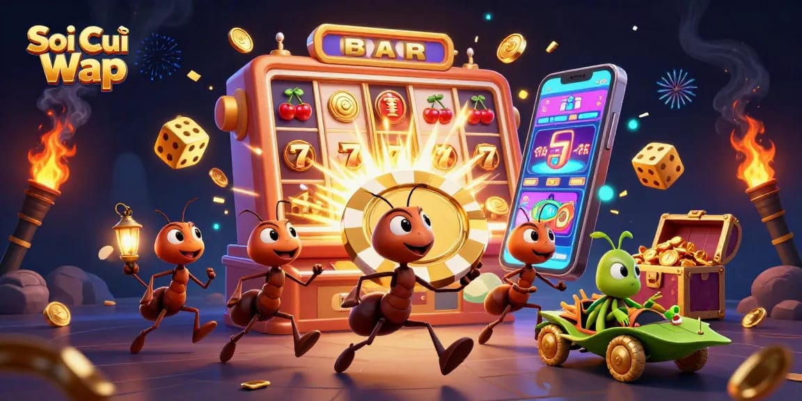 Soi Cầu Wap showcases ants executing a heist for a giant poker chip surrounded by dynamic casino elements.