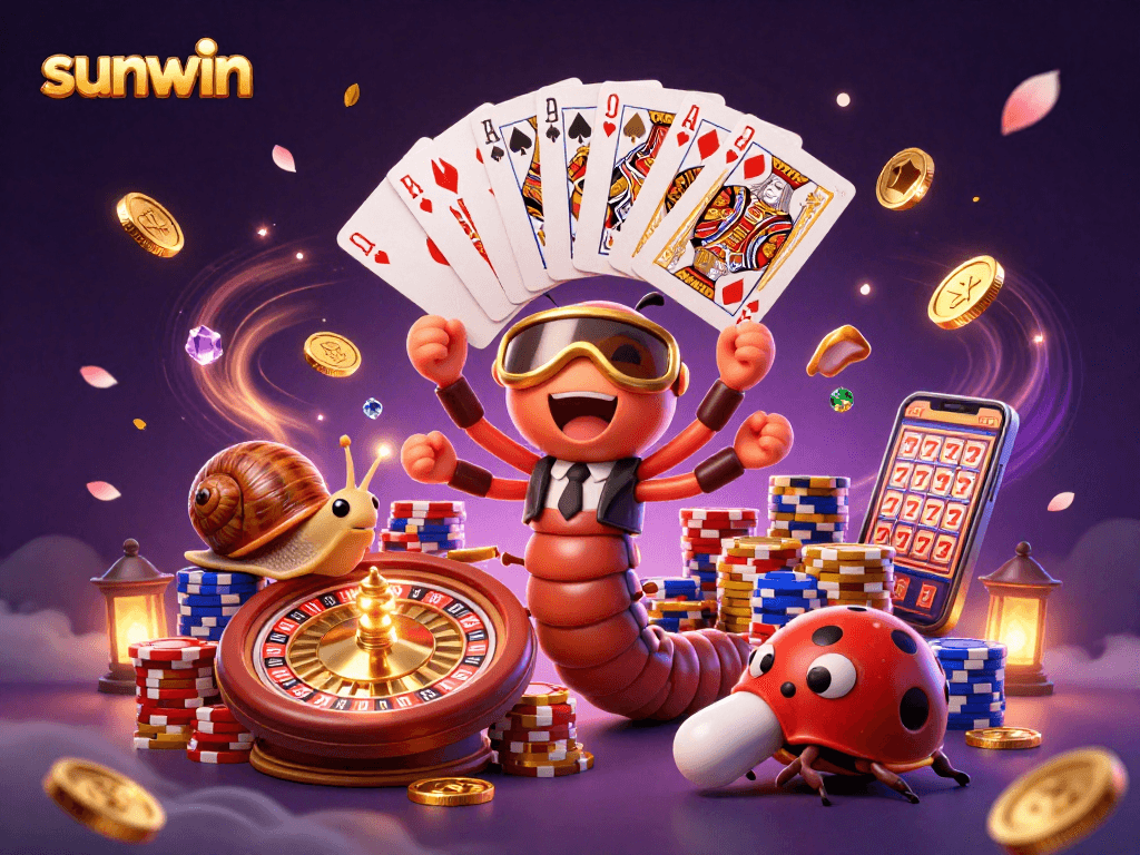 Experience sunwin's excitement with a cartoon millipede dealer joyfully presenting a winning hand in a vibrant casino.