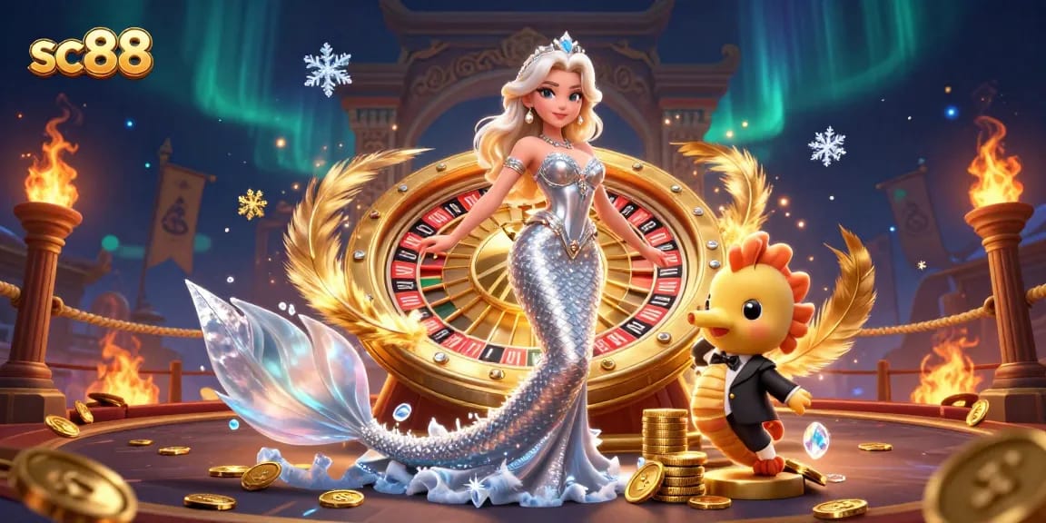 sc88 spins a golden roulette wheel with a stunning mermaid avatar amidst vibrant casino elements.