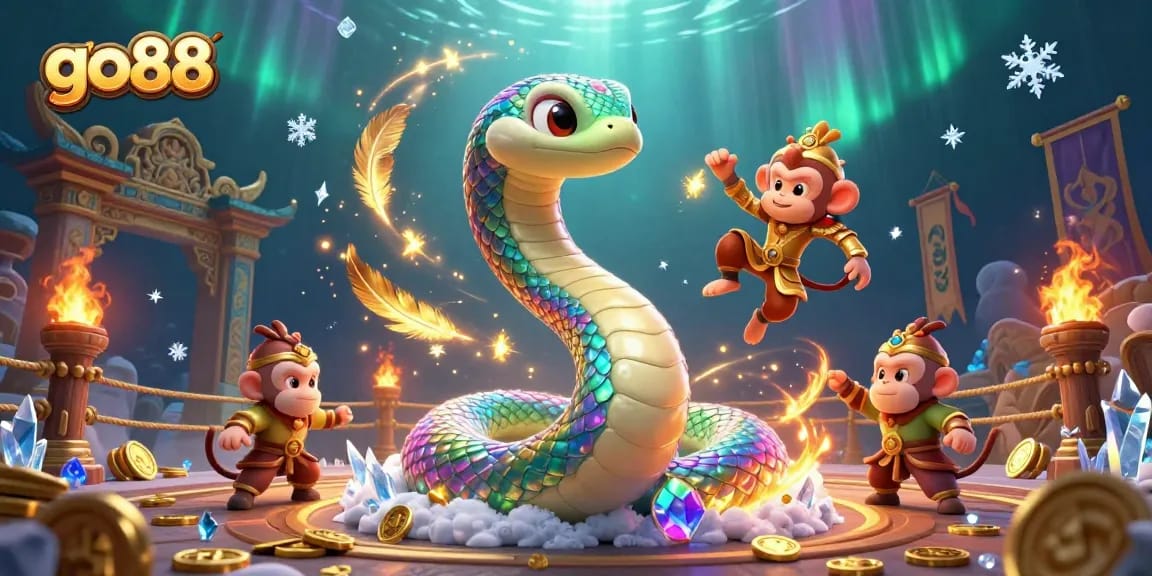 Join the adventure with go88, featuring a rainbow serpent, golden monkey king, and a dazzling casino scene.