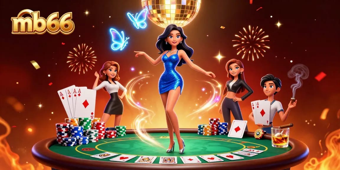 Experience vibrant mb66 casino excitement with a glamorous woman, poker elements, and dynamic energy.