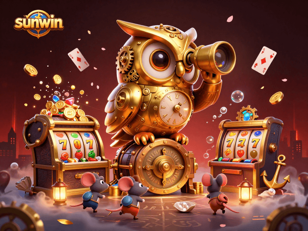 Experience the excitement of sunwin with the golden owl and vibrant casino elements in a dynamic 3D scene.