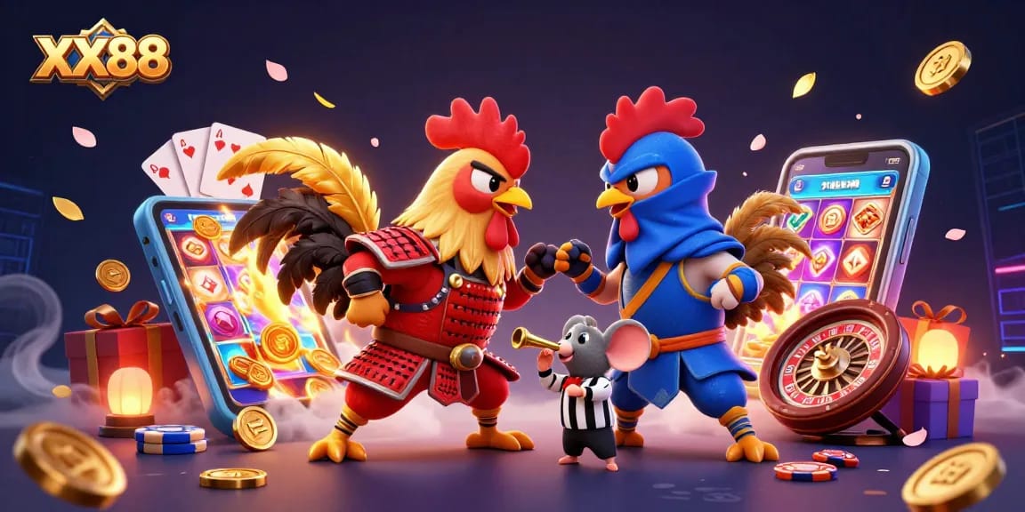 Watch XX88's thrilling roosters battle in a vibrant online casino scene with exciting gaming elements.