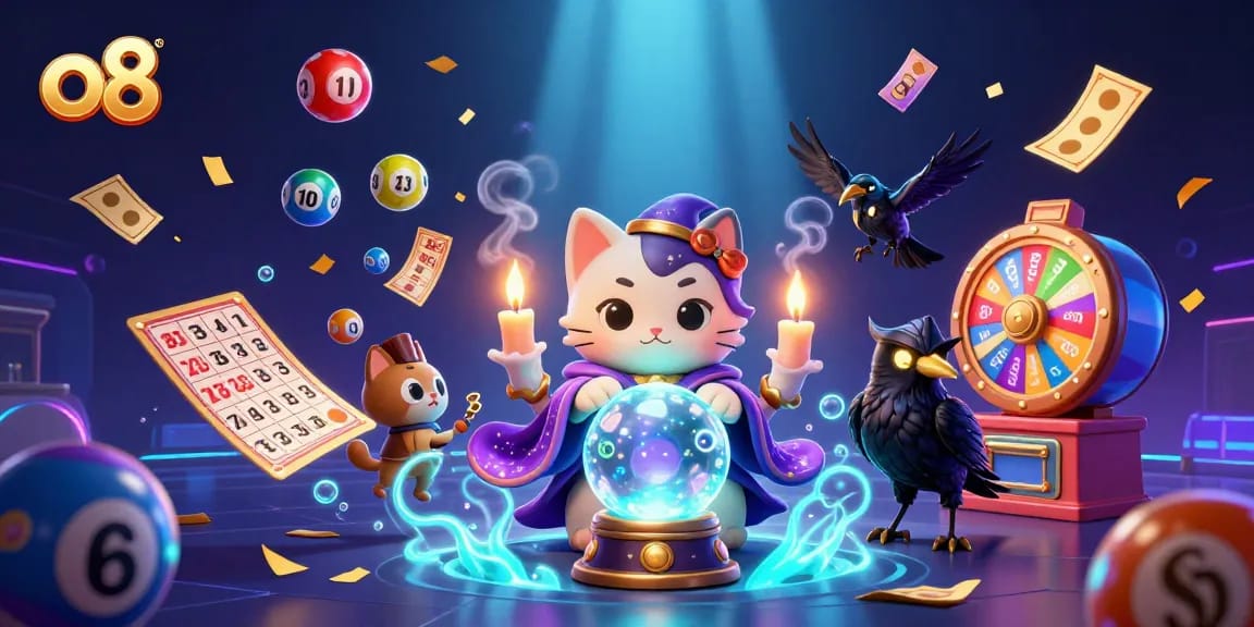 Play your luck with o8 at the vibrant online casino featuring a fortune teller and mystical elements.