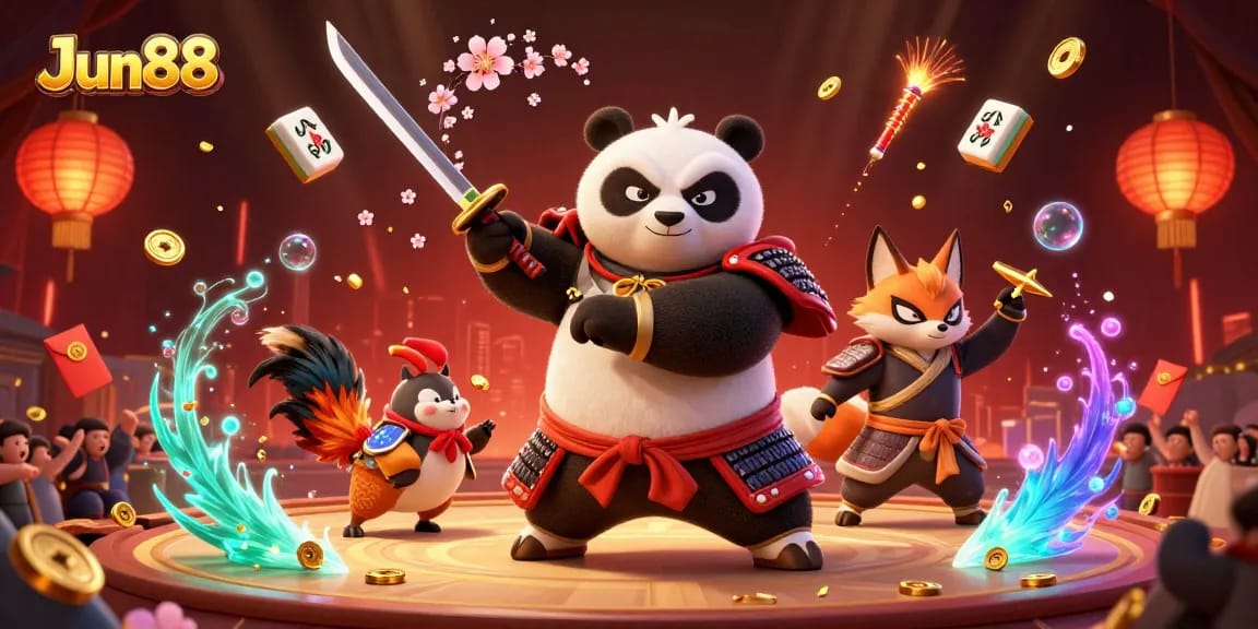 Engaging illustration depicting Jun88's vibrant online casino atmosphere with samurai panda, ninja fox, and magical tanuki.