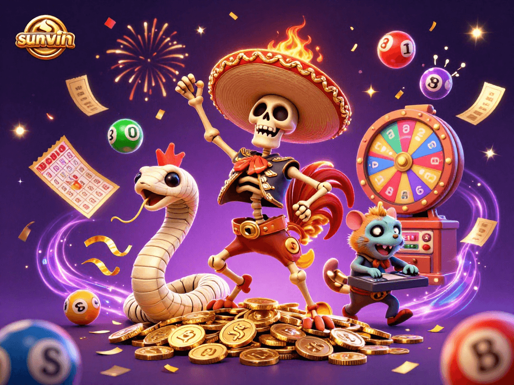 Join the fun and excitement with sunwin as colorful lottery balls bounce around in this vibrant casino illustration.