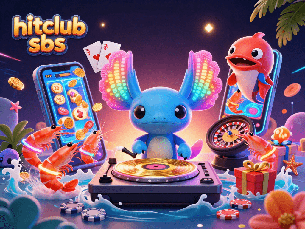 Hitclub sbs features vibrant casino fun with a DJ axolotl and exciting gaming elements.