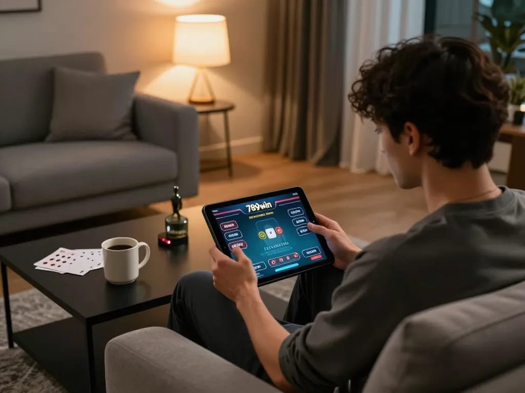 Playing poker on 789win com tablet in a cozy living room during an evening session