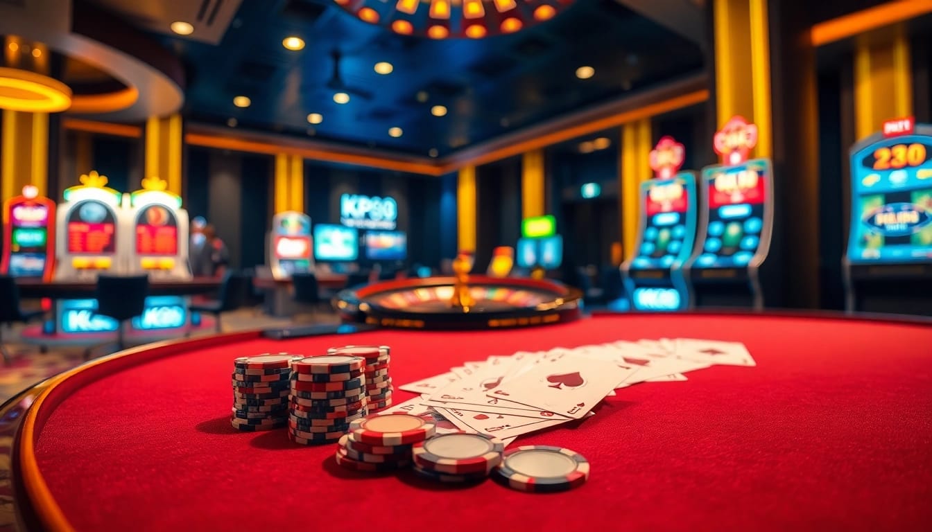 Experience the thrilling atmosphere of KP88 casino with elegant poker tables and vibrant slot machines.