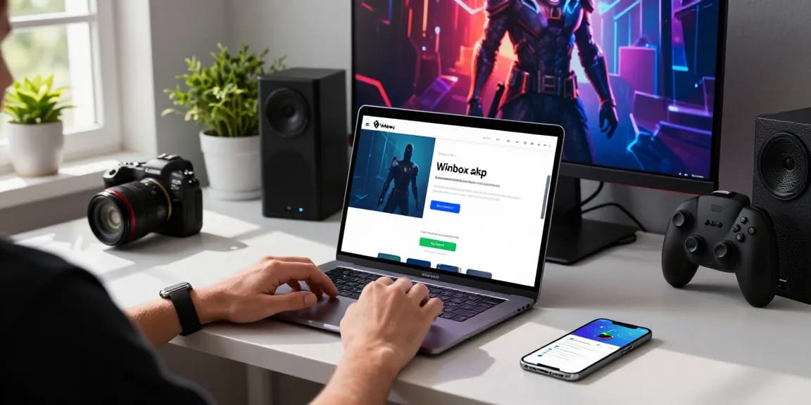 Downloading Winbox apk on Android device in a modern workspace setting.