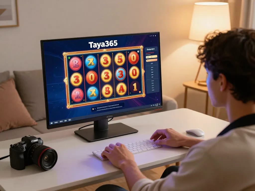 Taya365 app user enjoying an exciting slot game on a stylish gaming setup.