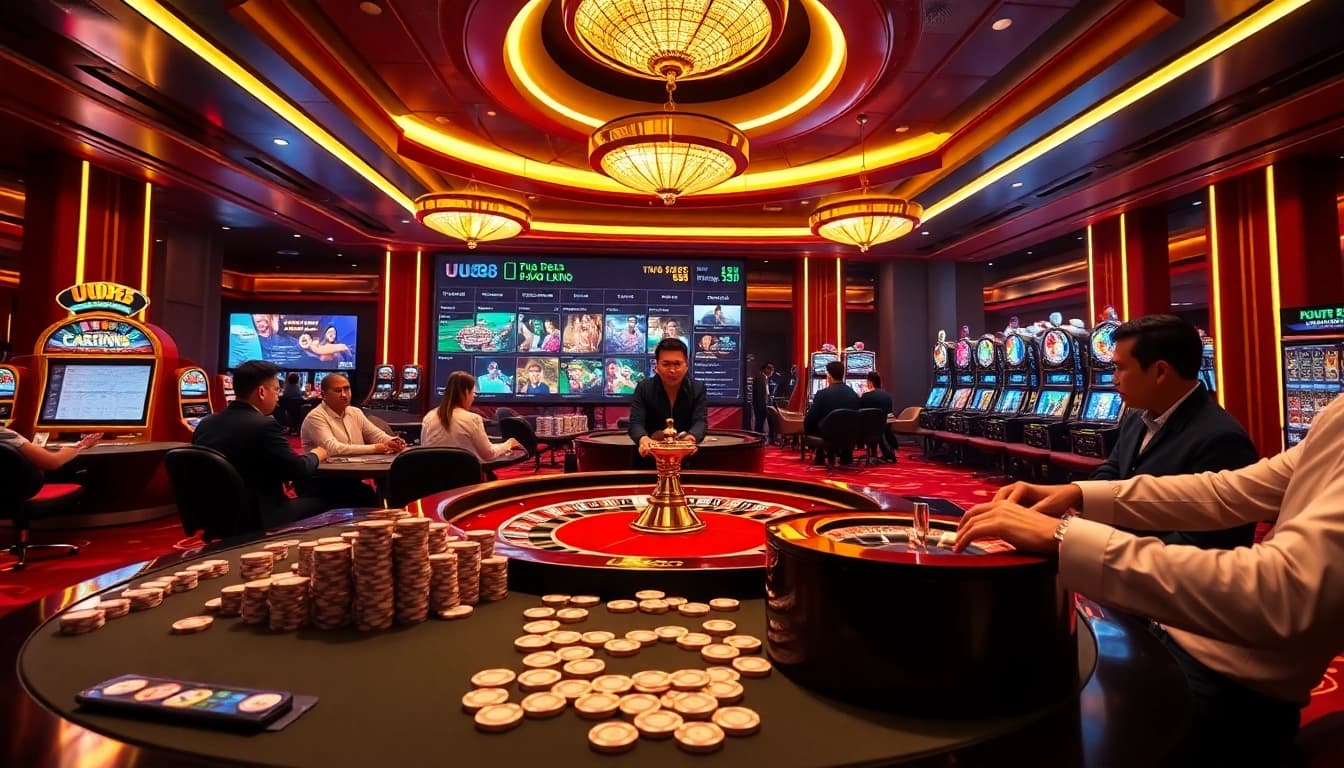 Experience the thrill of gambling at UU88 with vibrant casino visuals featuring poker chips and roulette wheels.