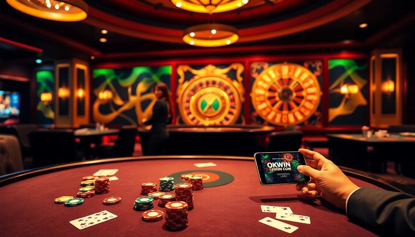 Experience high-stakes gameplay at okwin com with vibrant casino elements, cards, and chips.