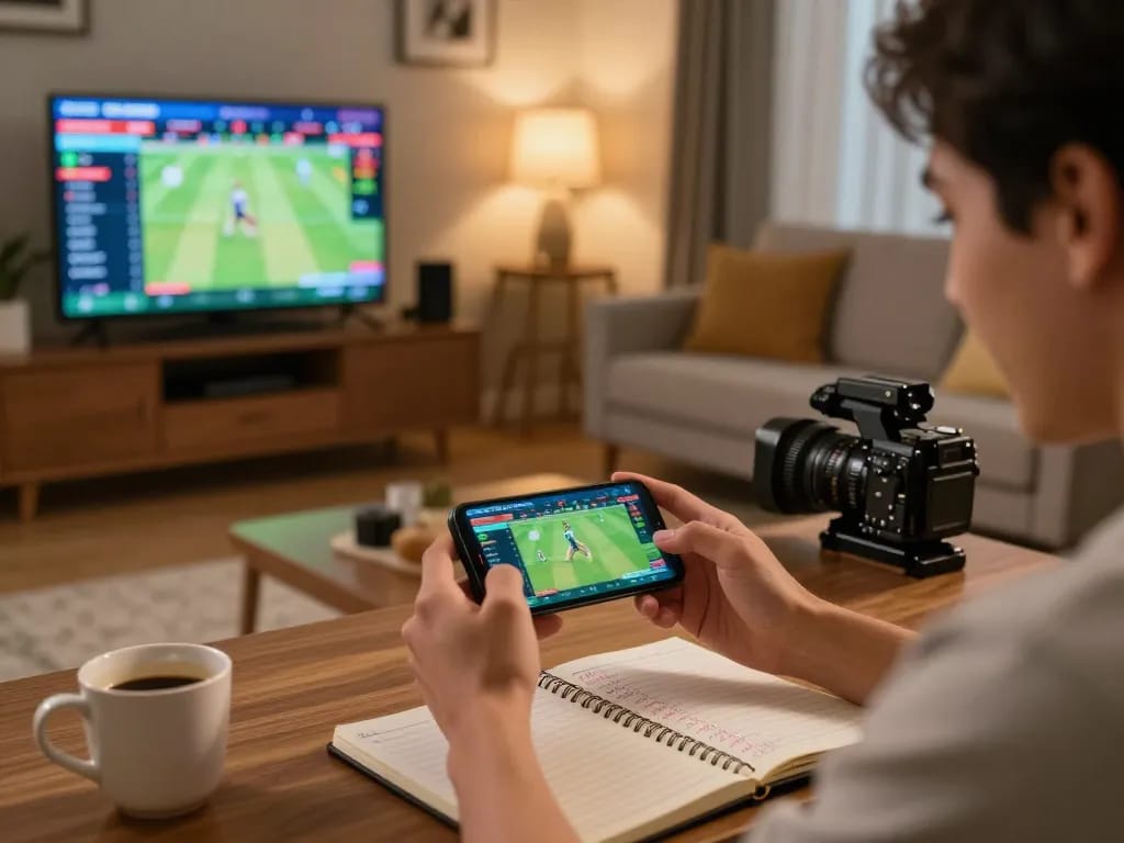 Player placing cricket bets using Jaya9 app at home, showcasing excitement and strategy in a modern setting.