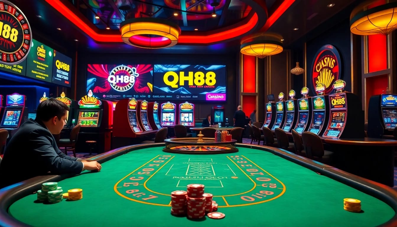 Play high-stakes poker at qh88's luxurious casino tables with vibrant lights and excitement.