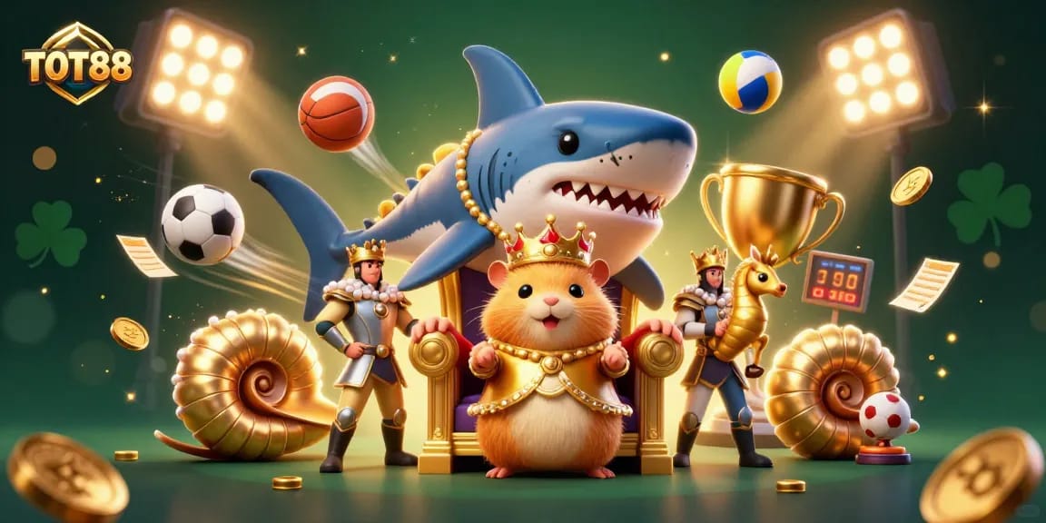 Join the thrilling action with TOT88's animated sports betting scene featuring a golden hamster king and vibrant sports elements.