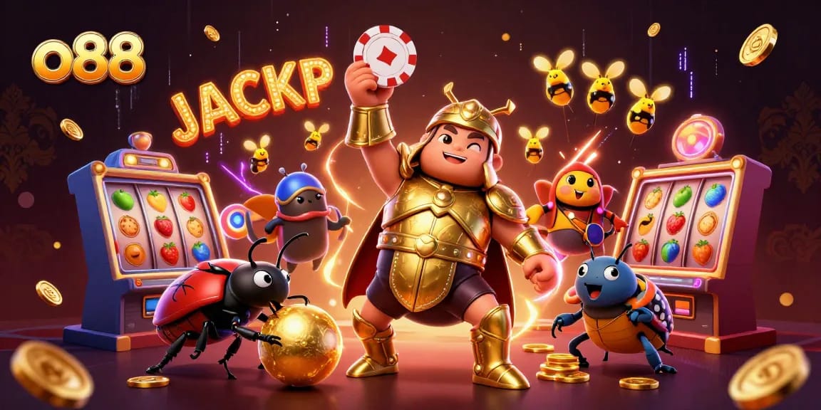 Experience the excitement of o88 with a 3D cartoon illustration featuring winning characters celebrating a jackpot.