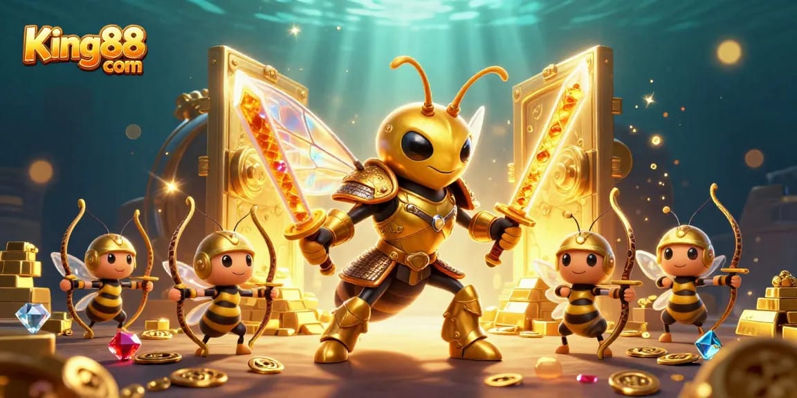 Experience exciting wins at King88 com with a dynamic casino scene featuring golden treasure and engaging characters.