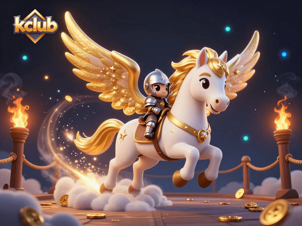 Engage with kclub's magical atmosphere, featuring a celestial knight riding a golden-winged horse amidst dynamic gambling elements.