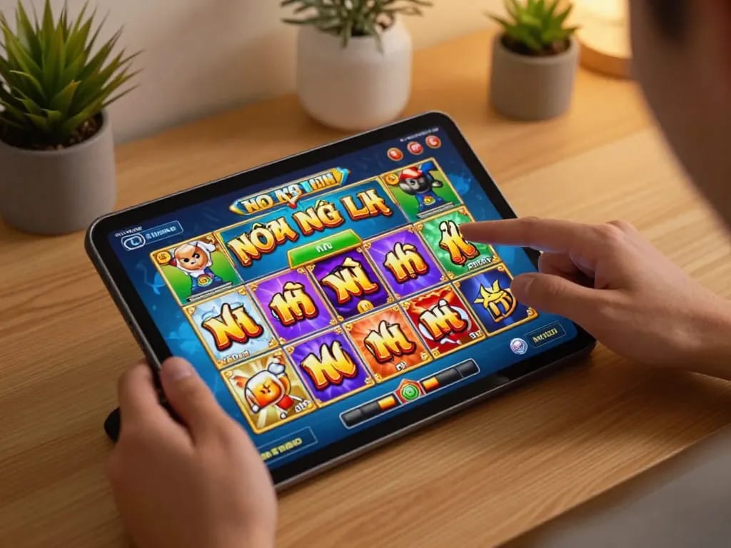 Engaging in thrilling nổ hũ online gaming session on a sleek tablet in a cozy home setting.