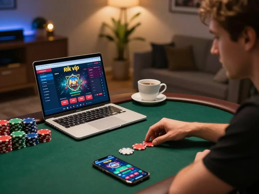 Engaging with rik vip online casino on a laptop, showcasing poker gameplay.